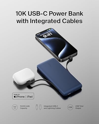 Miniatura 6 de Belkin Cargador portátil para iPhoneAndroid, batería de 10,000 mAh, 23 W para teléfono con USB-C integrado, cables Lightning, capacidad de paso,