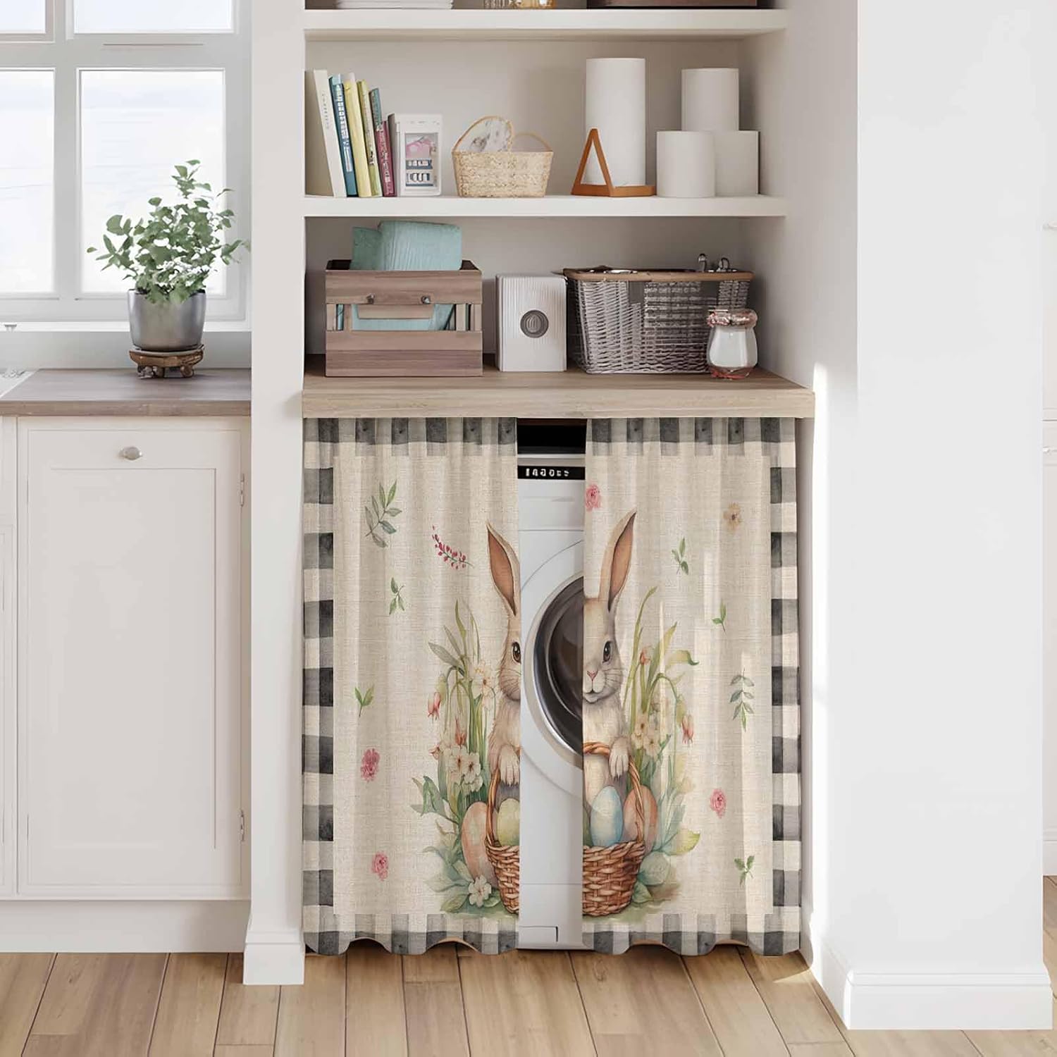 Easter Plaid Black,Kitchen Curtains 45 Inch Long 2 Panel Set,Rod Pocket Window Treatment,Easter Basket Bunny Eggs Spring Leaves Light Filtering Short Curtains & Drapes for Bathroom Laundry 52"W x 45"L