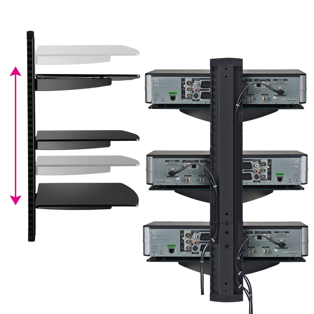 suptek Supporto da Muro Staffa da Parete Scaffale di Vetro Mensola Multimediale per Lettori DVD, Cavo cassette, Giochi console, TV Accessori Con 3 Ripiani Sospeso in Vetro,CS303,Nero