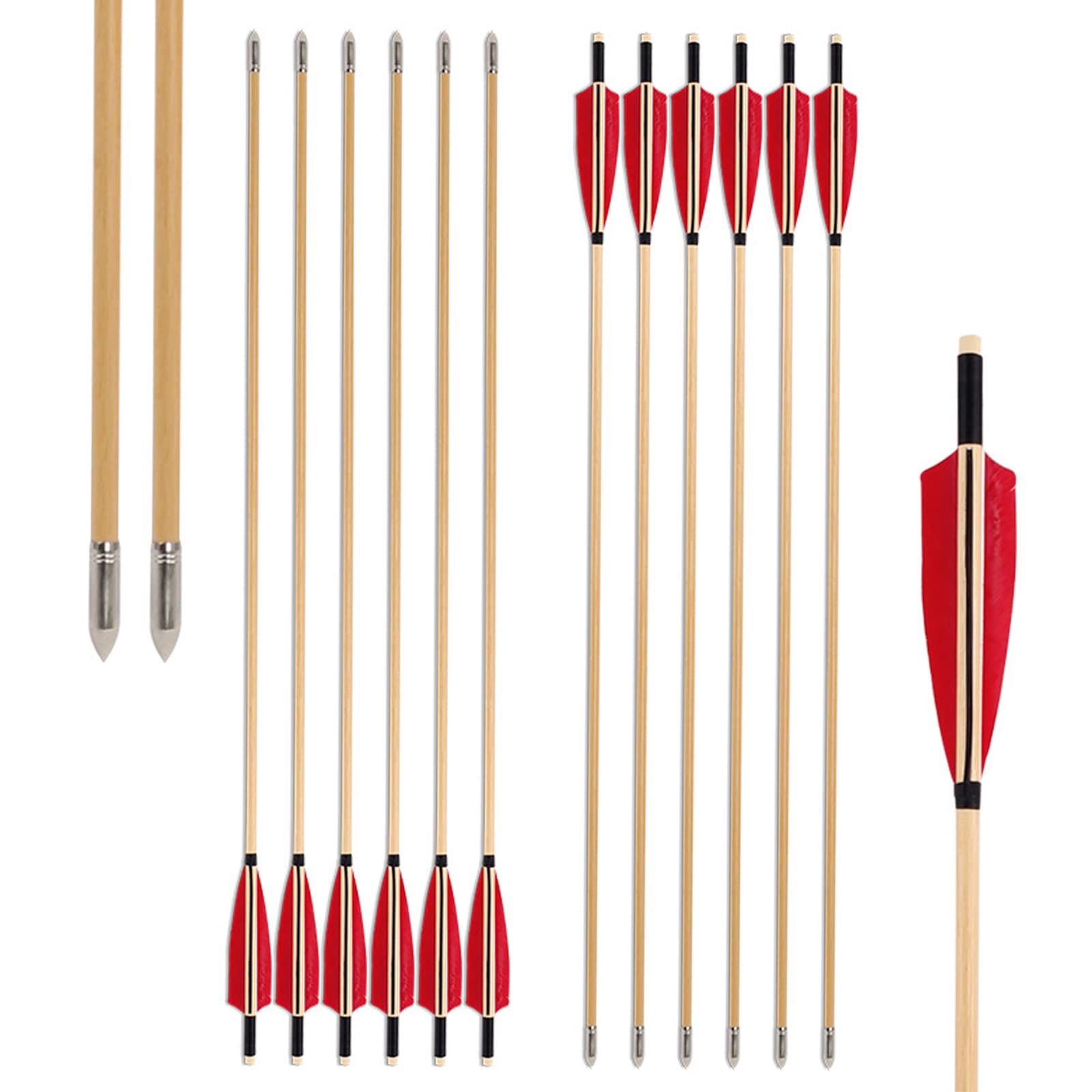 Tiro con L'Arco Frecce in Legno 32" Frecce in Legno Fatte a Mano Frecce da Caccia Tradizionali Albero in Legno con Piume di Tacchino Punte in Metallo per Arco Ricurvo Longbow