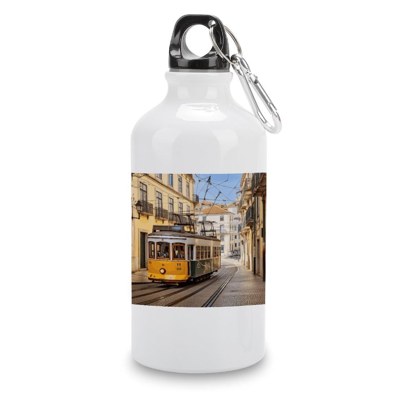 VstaDank Lisbon Tram Water Bottles Aluminum Sports Water Bottle with Lid&Hook Buckle Fashion Vacuum Insulated Water Bottles Hydration Flask Leak Proof Tumbler Keep Cold&Hot