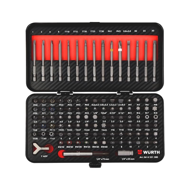 Würth 105-Piece 1/4 Inch Bit Set - Extensive Assortment of Standard and Security Bits in Short and Long Designs