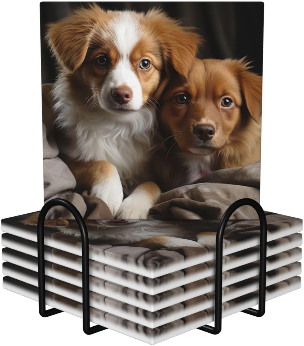 KHiry ドリンクコースター 6枚セット セラミックコースター ホルダー付き かわいい子犬 ラウンドコースター ドリンク用 卓上保