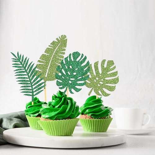 Miniatura 3 de 24 adornos tropicales con purpurina para cupcakes, hojas de palmera tropicales, decoraciones de Aloha para verano, temática hawaiana, baby shower,