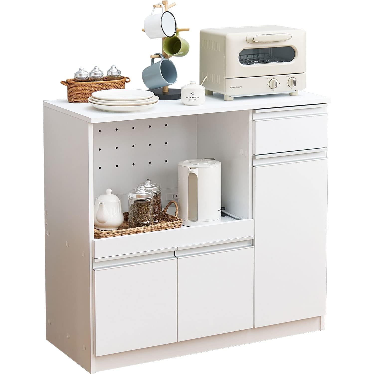 ホワイト レンジボード コンセント付き 収納 米びつ台 レンジ台 キッチン台 ホワイト レンジボード コンセント付き 収納 米びつ台 レンジ台