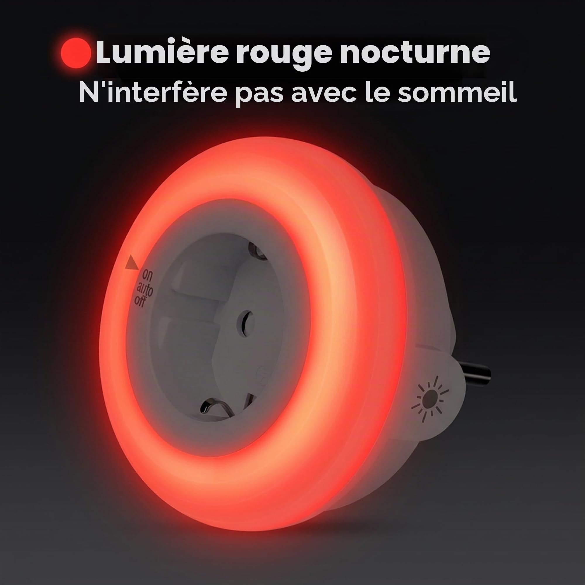 Veilleuse Rouge Mélatonine Prise Électrique – Capteur Lumière Automatique – 0% Lumière Bleue – Luminosité Réglable – Sommeil, Bébés et Allaitement – ON/AUTO/OFF – Pack 2