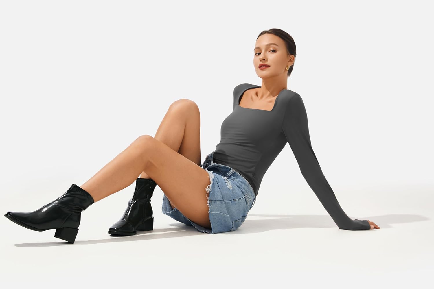 AFITNE Long Sleeve Shirts for Women Square Neck Slim Fit Stretchy Casual T-Shirts Going Out Tops Basic Outfits - Image 6