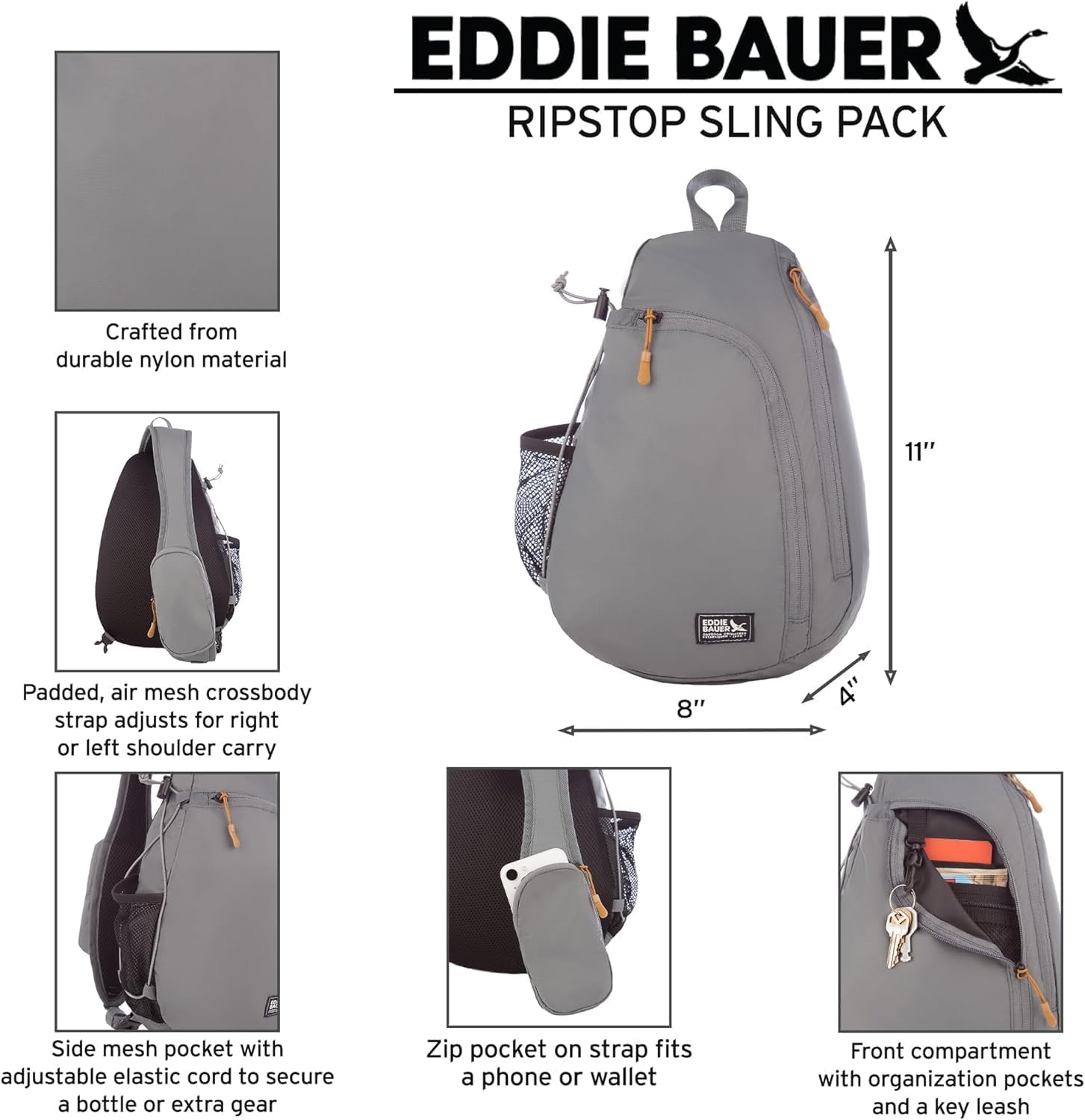 Eddie Bauer Ripstop 8L Shoulder Sling Pack with Padded Air-Mesh Adjustable Crossbody Strap for Right or Left Handed Fit - Black - Image 3