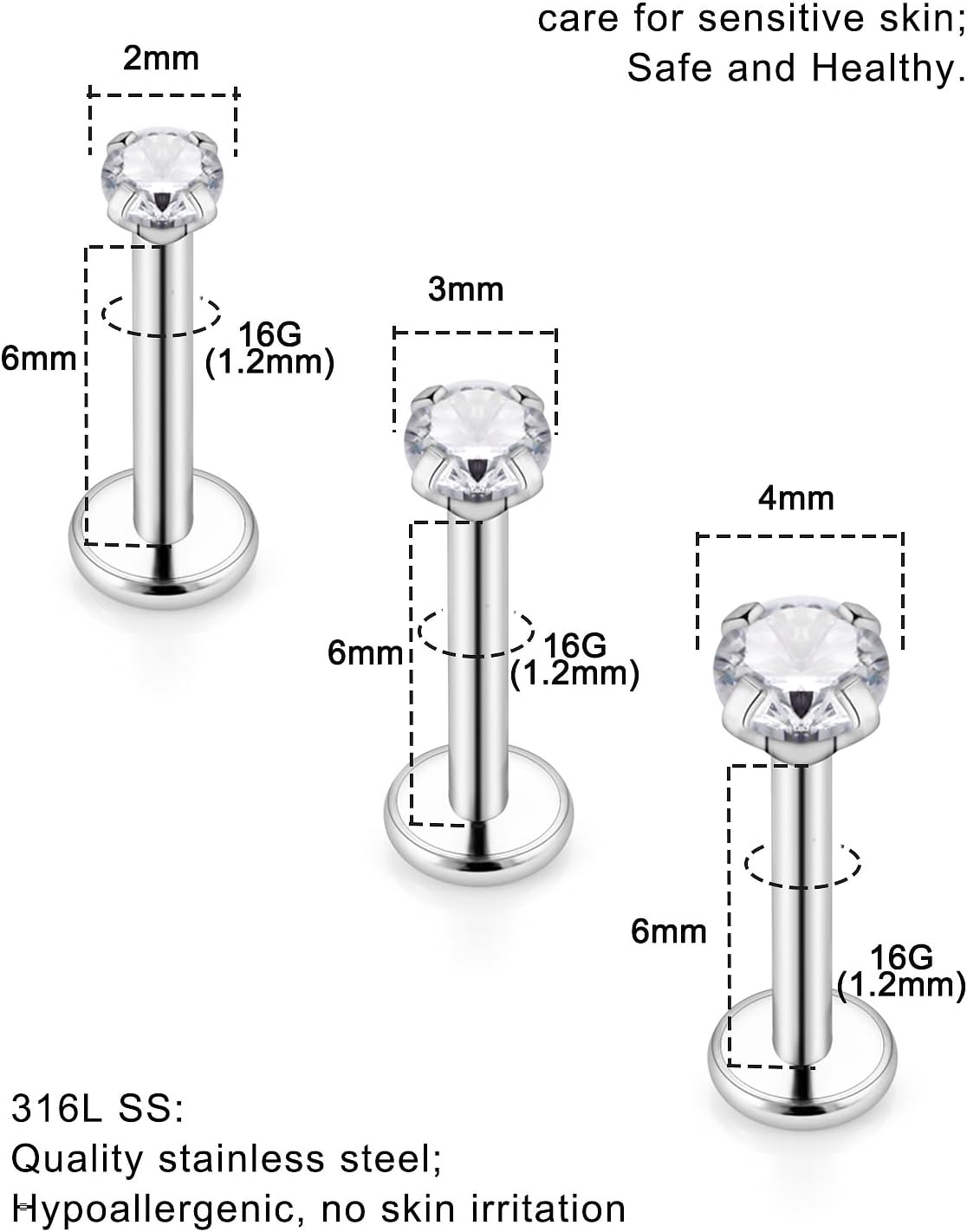 Opal Medusa Piercing Jewelry 16g Surgical Steel Conch Piercing Jewelry Internally Threaded Labret Jewelry Monroe Lip Rings Studs Cartilage Helix Conch Tragus Earring for Women Men