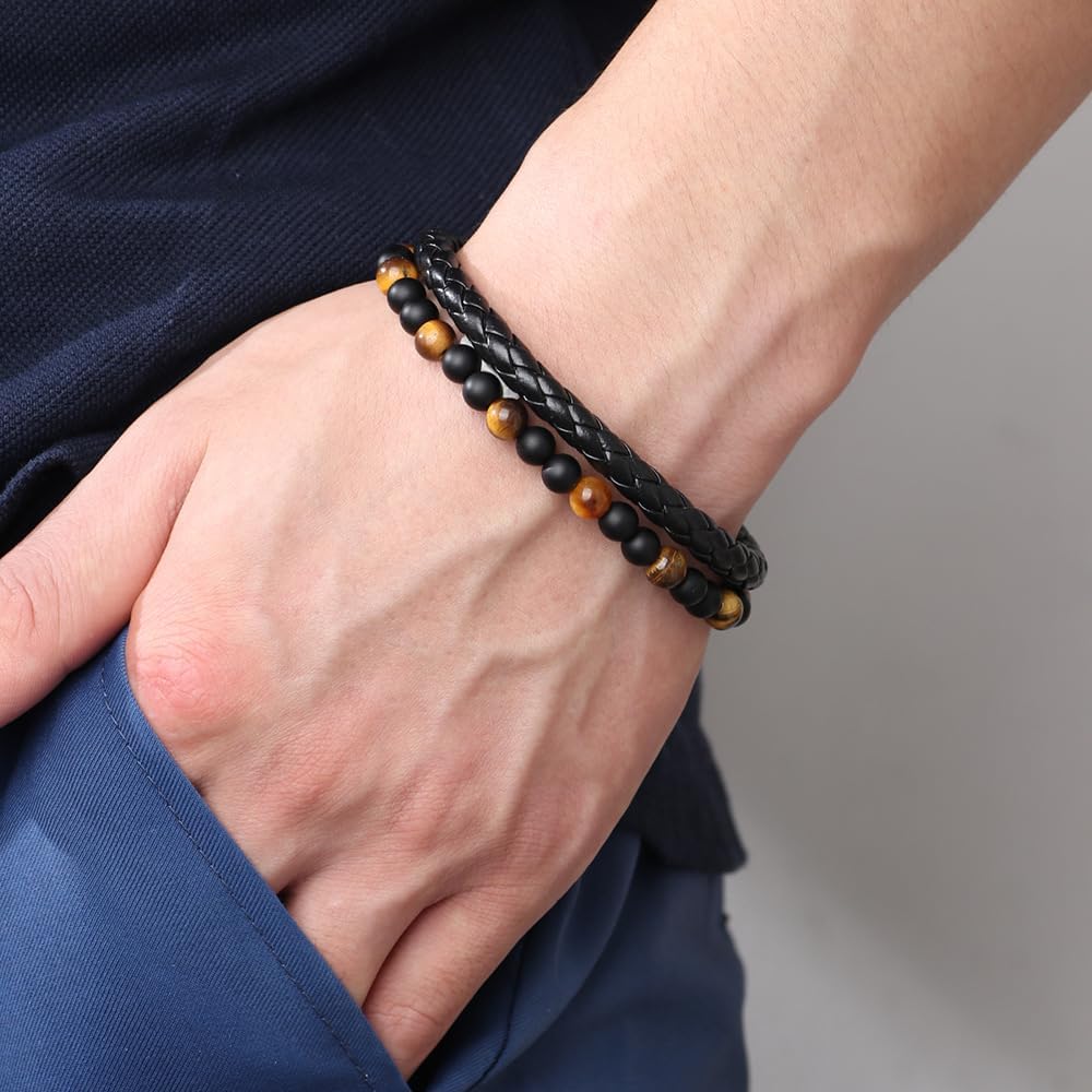 Son's Tiger Eye Protection Bracelet From Mom, The Guardians To My Son Leather Volcanic Rock Black Beaded Cuff Bangle Engarved With Love You Forever Jewelry Gift For Men