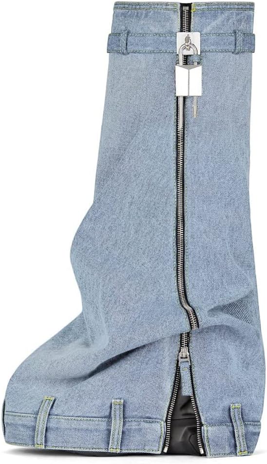 Padlock Fold Over Platform Denim Knee High Boots for Women