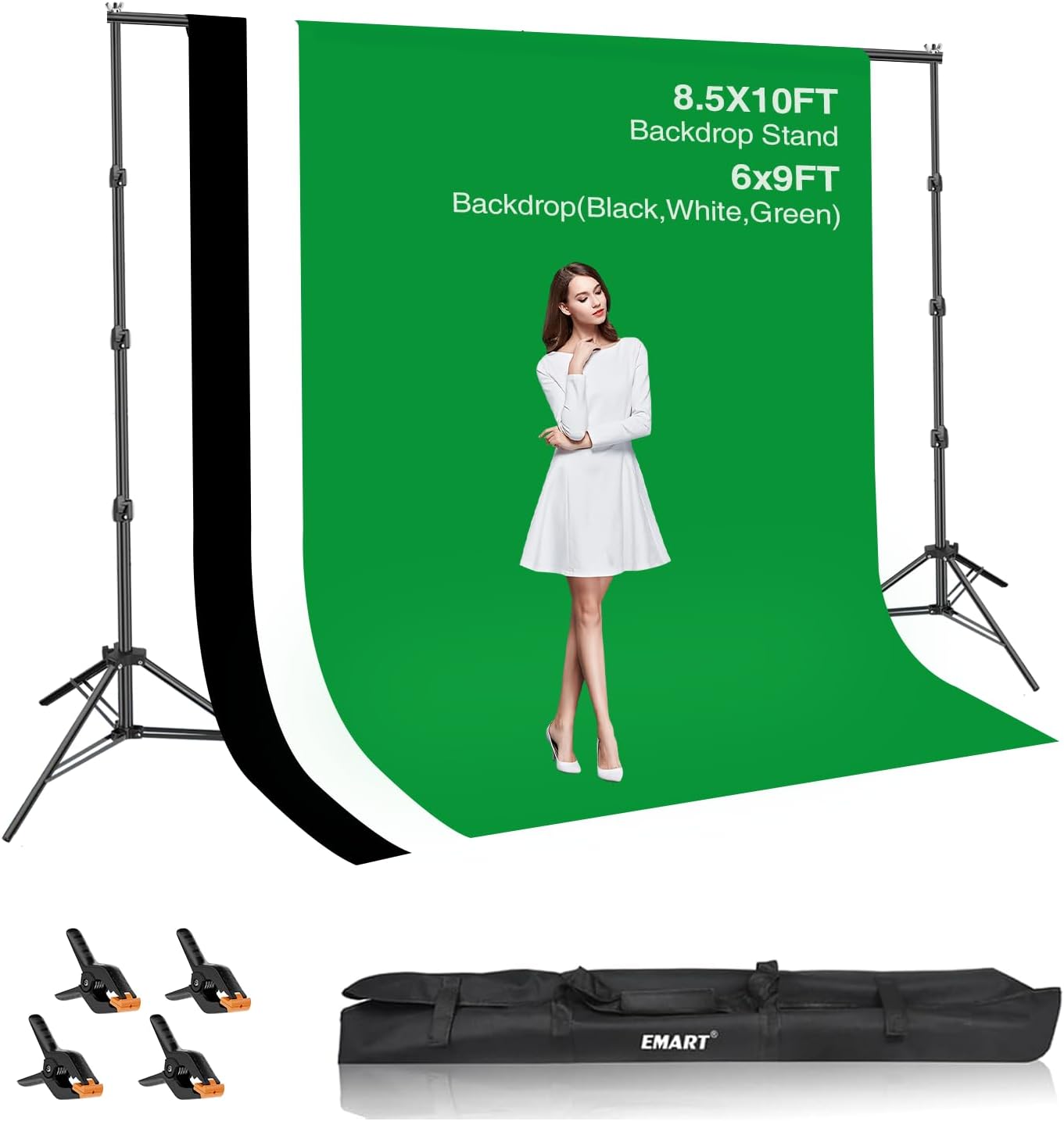 EMART Photo Video Studio Backdrop Stand Kit, 8.5x10ft（2.6x3m) Photography Support System with 3 Muslin Backgrounds 100% Cotton (Black White Green)