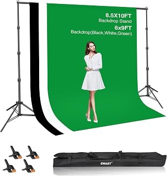 EMART 8.5x10ft Green Screen Backdrop Kit with 6x9ft Polyester Backdrop(Black/White/Green), Adjustable Photography Background Support System for Studio Photography, Parties, Wedding, Video Shooting | Adjustable Background Stand with Black/White/Green Screen Backdrop(1.8x2.8m),with 4 Spring Clamps, for Portrait Video Studio