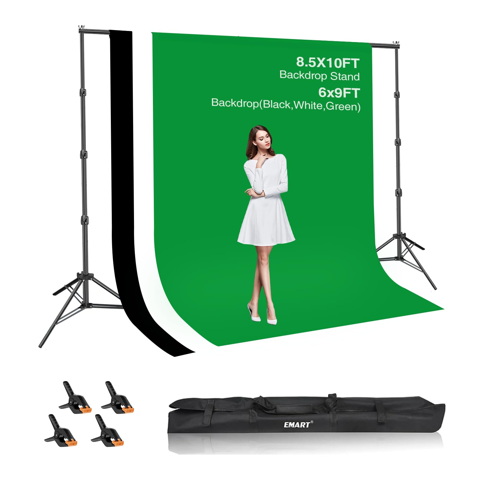 EMART Photo Video Studio Backdrop Stand Kit, 8.5x10ft(2.6x3m) Photography Support System with 3 Muslin Backgrounds 100% Cotton (Black White Green)