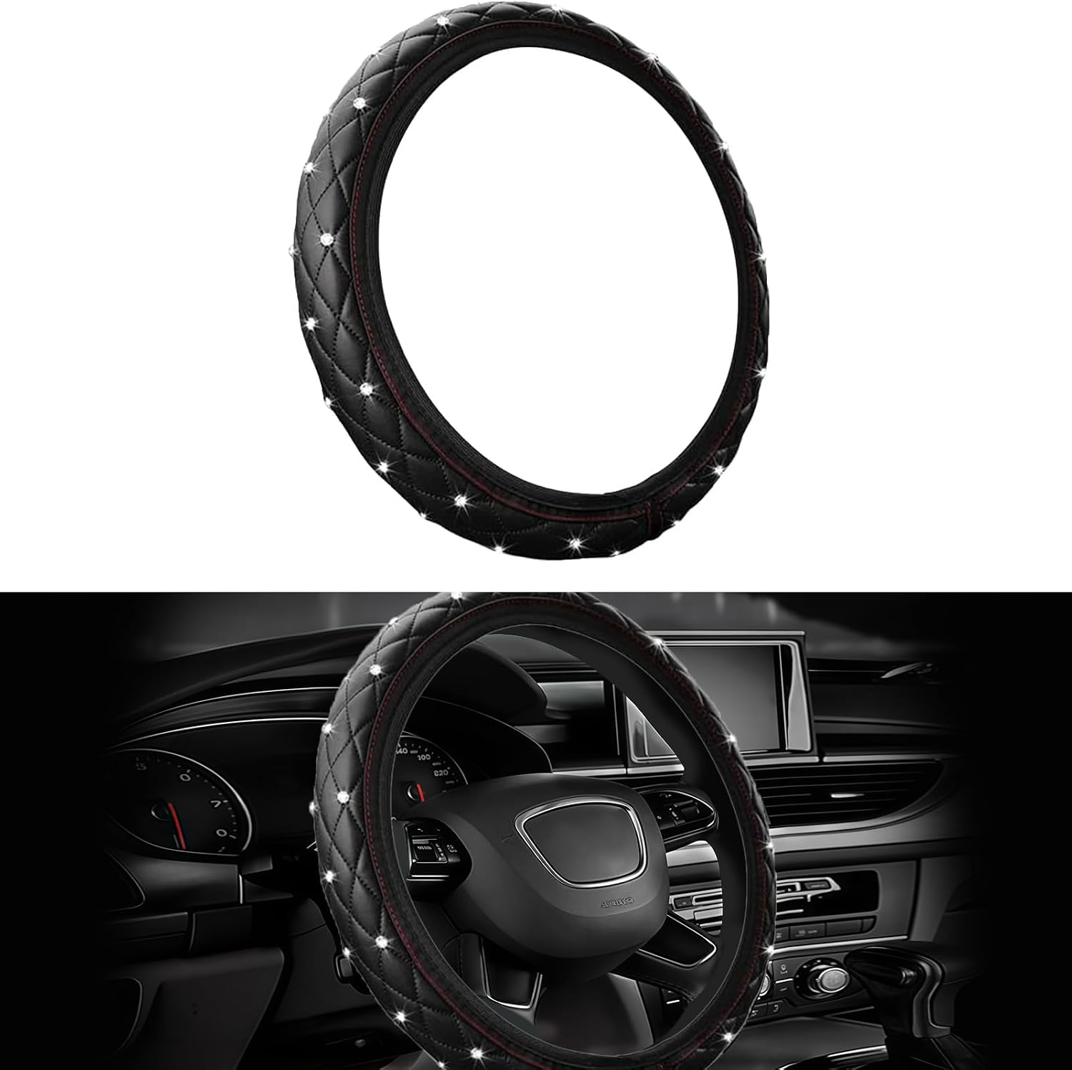 Bling Car Steering Wheel Cover, 15 Inch Non-Slip Elastic Soft Leather Steering Wheel Protector, Sparkly Diamond Vehicle Decor for Women Girls, Car Interior Accessories for Most Cars (Black)