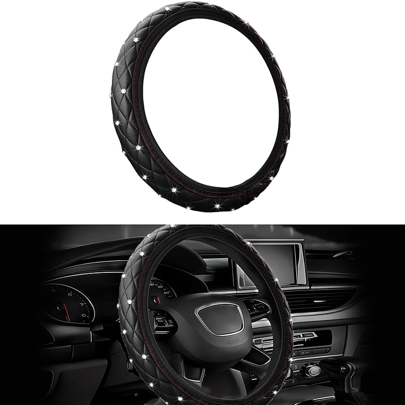 Capa para Volante com Strass Gilovc, Couro Sintético PU Macio, Ajuste de 37 a 38 cm, Preta