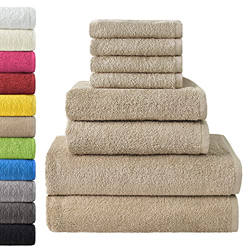 NatureMark Lot de 8 Serviettes Éponge, 100% Coton, Sable/Beige