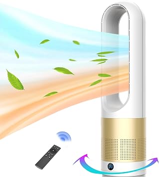 Bladeless Heater and Fan Combo, 1400 Watt Heater Fan and 40 Watt Cold Fan, 80 Oscillating Fan, All the Season Use, Remote and Touch Control, Floor Tower fan, Office Room, Bedroom, Orange White