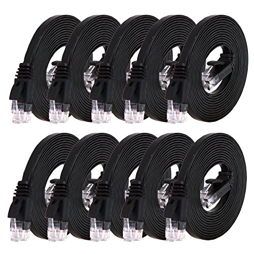 Cat 6 Ethernet Cable Flat 7 ft - 10 Pack Black (At a Cat5e Price but Higher Bandwidth) Internet Network Lan Cable - Cat6 Ethernet Patch Cables Short - Computer Cable With Snagless RJ45 Connectors­