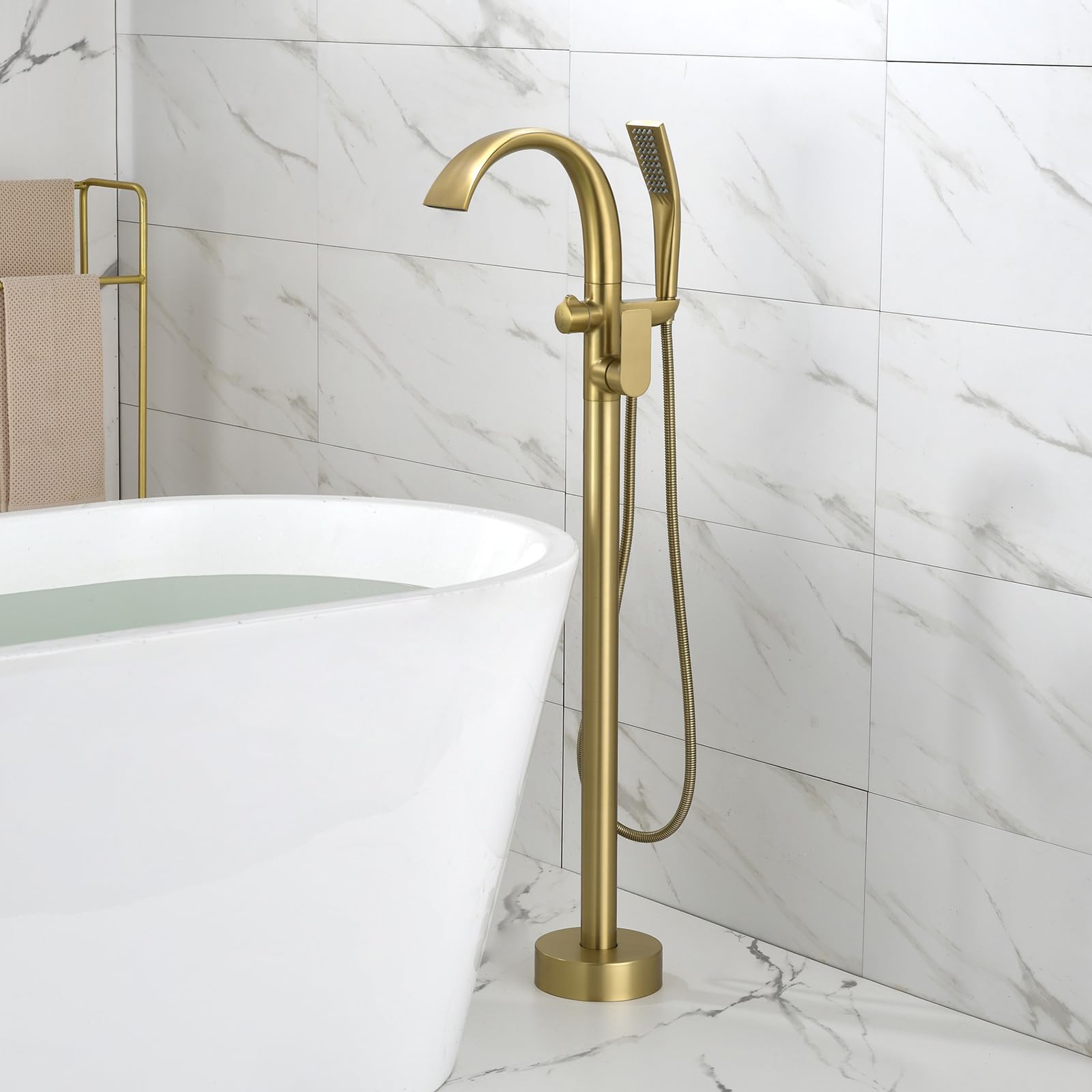BiaoTeng Grifo Bañera Suelo con Ducha Mano Oro Cepillado Laton