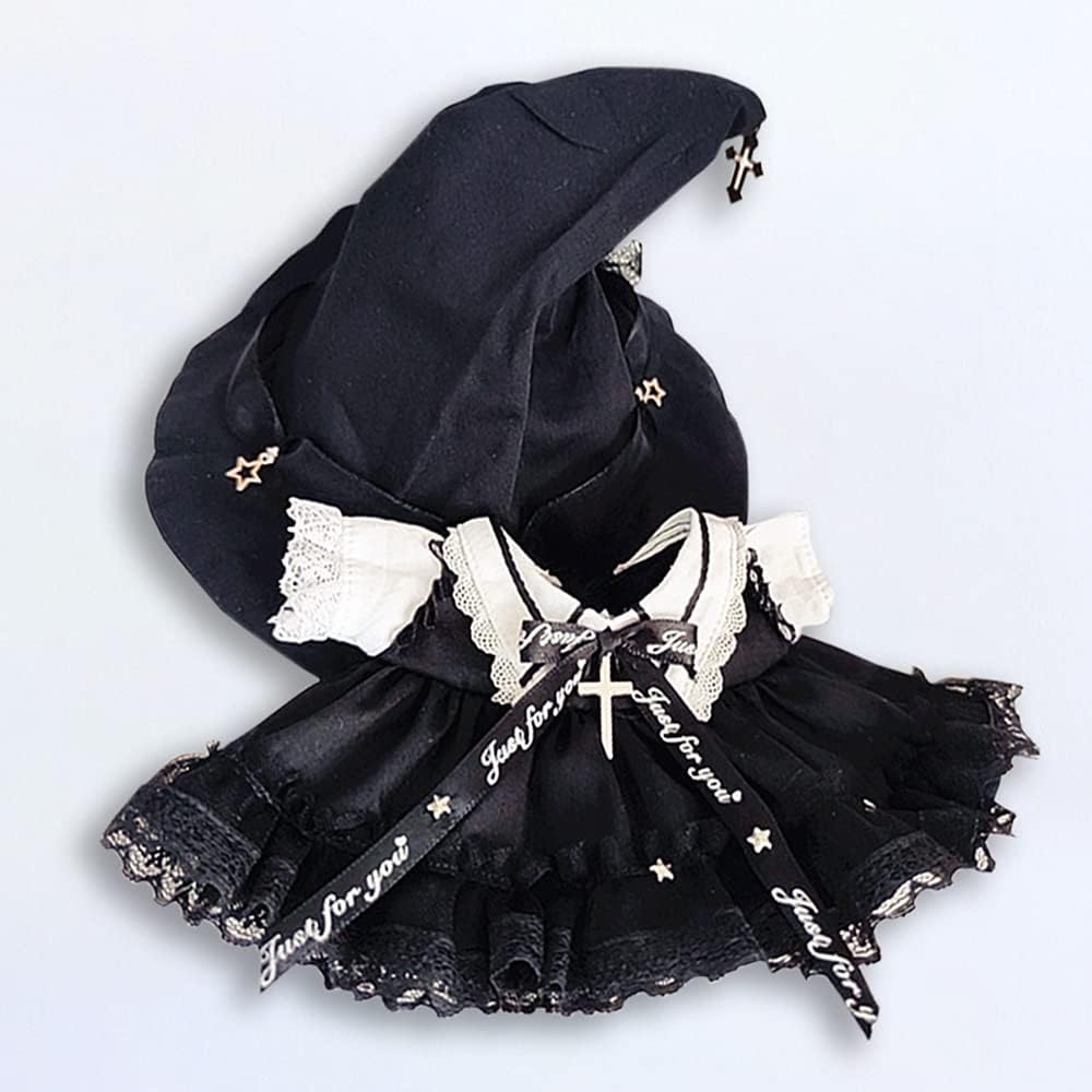 niannyyhouse 7.8in/20cm Plush Doll Clothes Hat + Dress 2-Piece Set Black Magic Hat Mesh Lace Dress