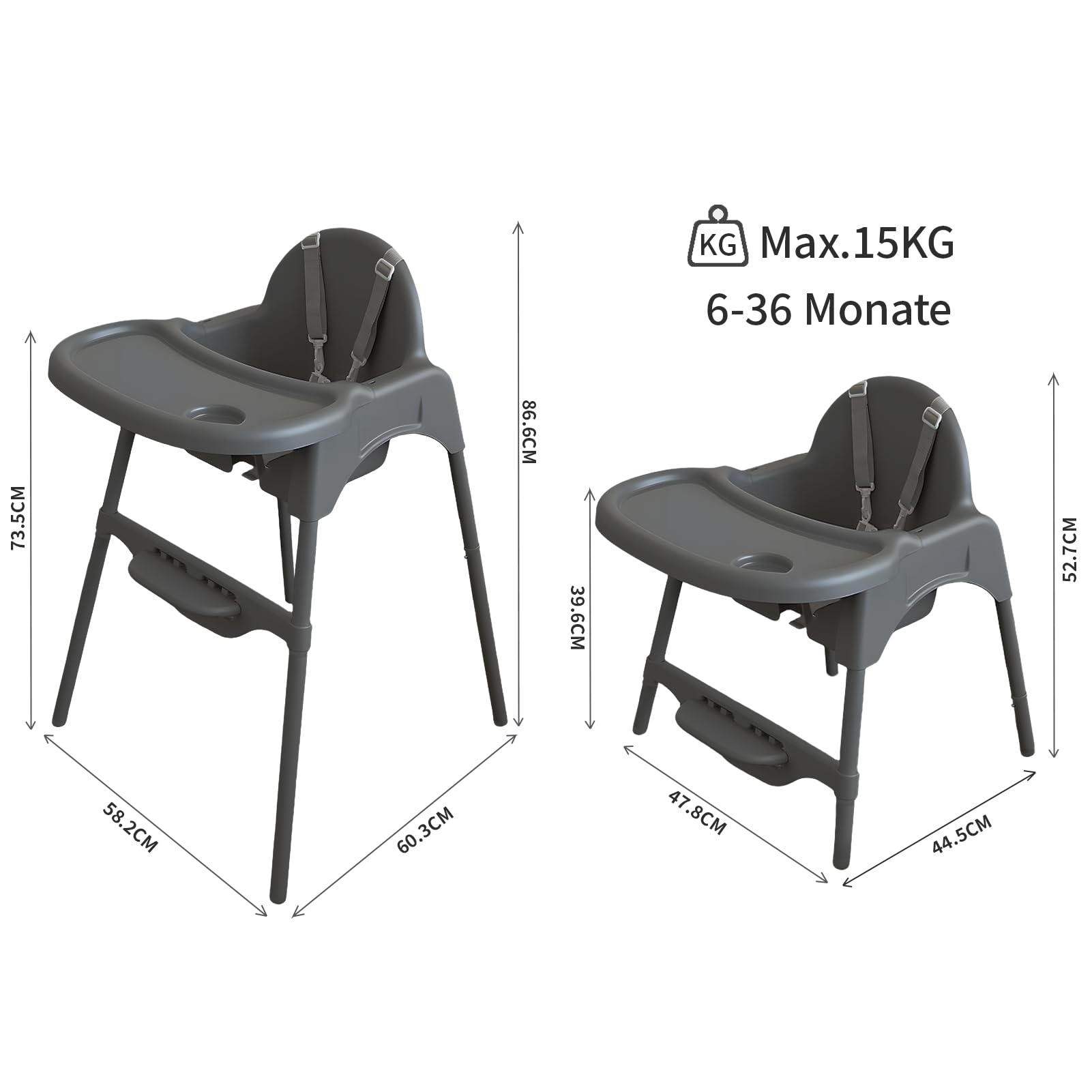 YALION Kinderhochstuhl, Höhenverstellbarer Hochstuhl mit Tablett, Baby Essstuhl für Babys & Kleinkinder von 6-36 Monaten, max. 15 kg, Grau