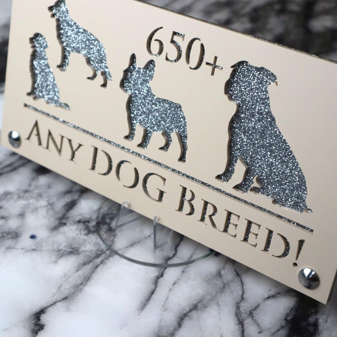K Smart Sign | 280mm x 140mm | Personalised Dog Luxe property house Dogs wall number address Any-Dog personalised plaque numbers signs fully personalised choose your own (Beige & Silver Glitter)