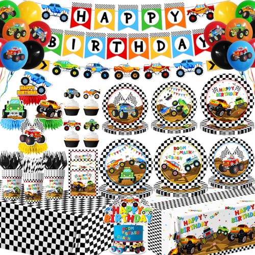 Monster Truck Birthday Decorations Monster Truck Party Supplies include Truck Balloons Tablecloth Cake Cupcake Toppers Plates and Napkins Truck Birthday Decorations for Boys Serve 24