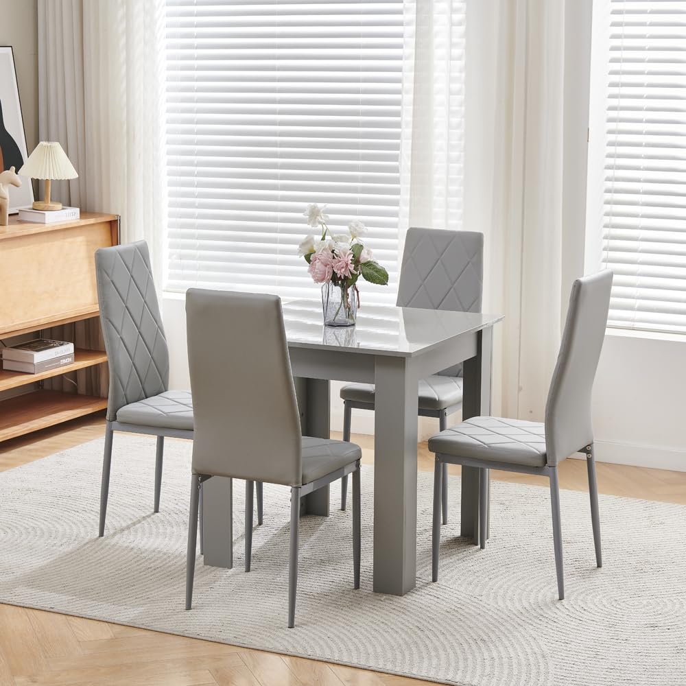 Pantanal Modern 75cm Grey Sqaure Dining Table and Pu Leather Chairs Set of 4 for Small Space, 5pcs Wood Kitchen Table with 4 Seater Chairs
