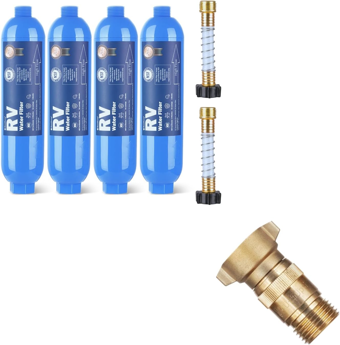 SheeChung RV Water Filter 4 Pack with Flexible Hose Protector, NSF Certified and RV High Flow Water Pressure Regulator, Brass Lead-Free 40-50 PSI Pre-Set Water Pressure Reducer