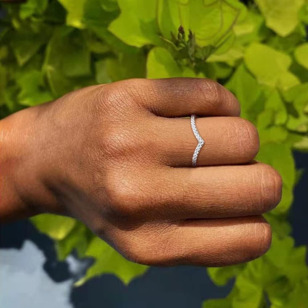 925 Sterling Silver Rings for Women Ladies Wedding Band V Shaped Heatbeat Pattern Cubic Zirconia Engagement Eternity Ring Thin Stackable Comfort Fit Size 4-12