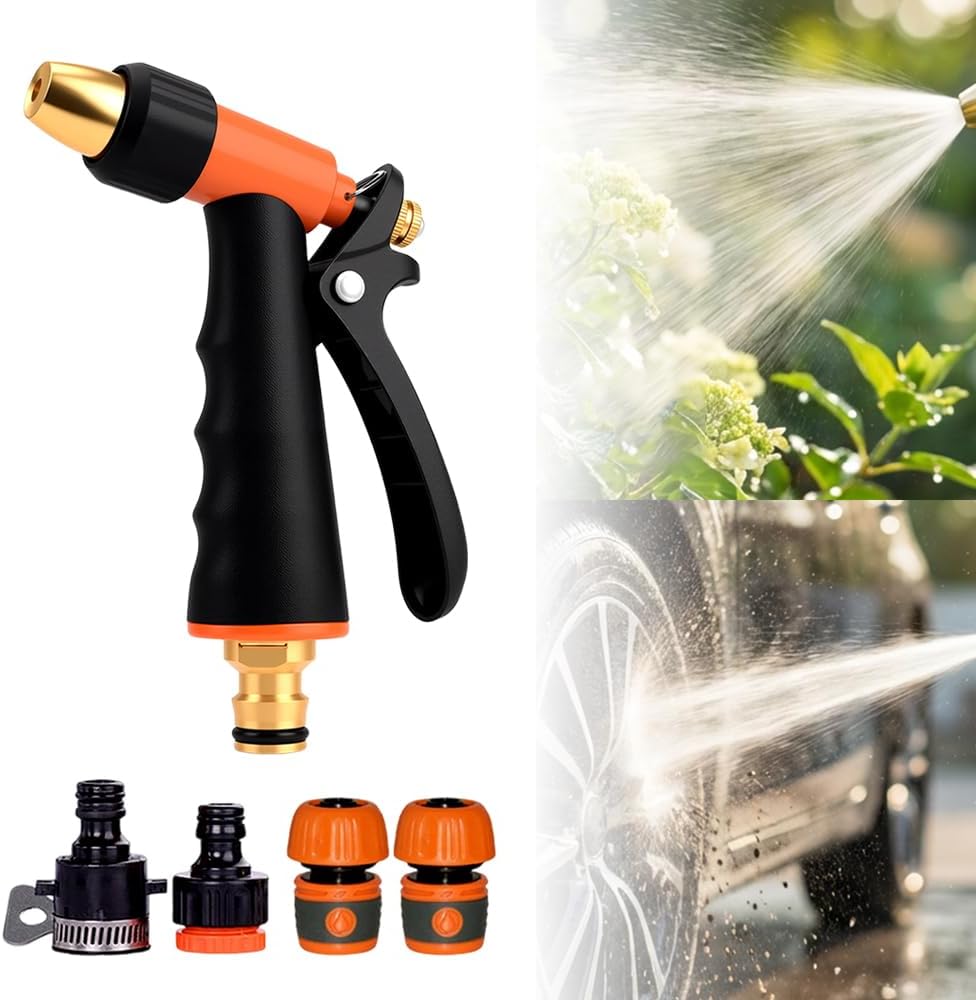 High Pressure Garden Hose Nozzle, Heavy Duty Metal Water Hose Sprayer with 360° Adjustable Nozzle, Ergonomic Anti-Slip Grip & Trigger Lock for Car Washing, Patio Cleaning, Garden Watering, Pet Bathing