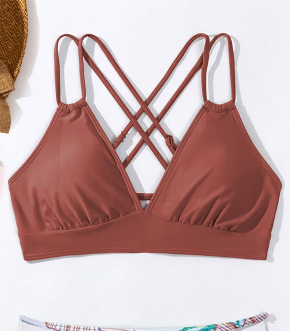 Tainehs Women's Push Up V Neck Bikini Tops Criss Cross Back Padded Bathing Suit Top Only - Image 3