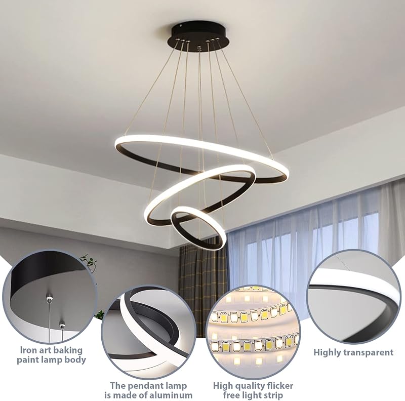KSIBNW LED Függőlámpa - 3 Gyűrűs Arany Mennyezeti Lámpa Távirányítóval és Applikációval, Fényerőszabályozható, Állítható Magasságú, 2700K-65