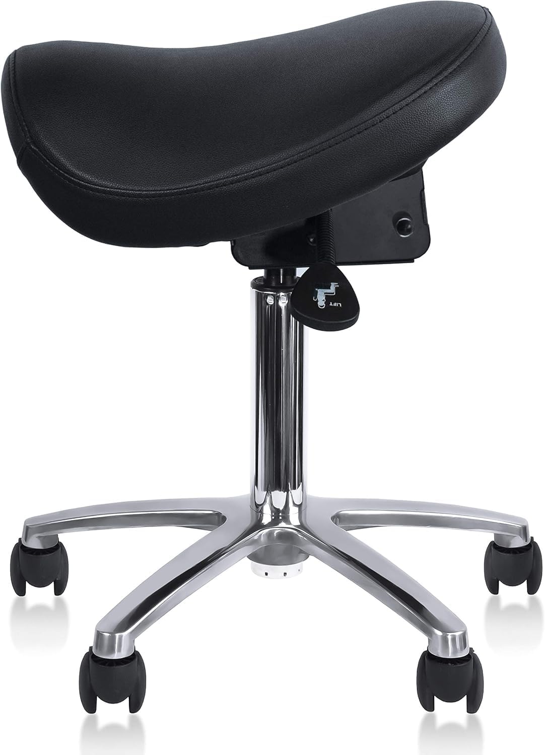 2xhome Ergonomic Saddle Stool | Backless Rolling Office Task Chair with Adjustable Height and Tilt | PU Leather, Foam Padded Seat for Drafting, Medical, Dental Use, Black with Wheels