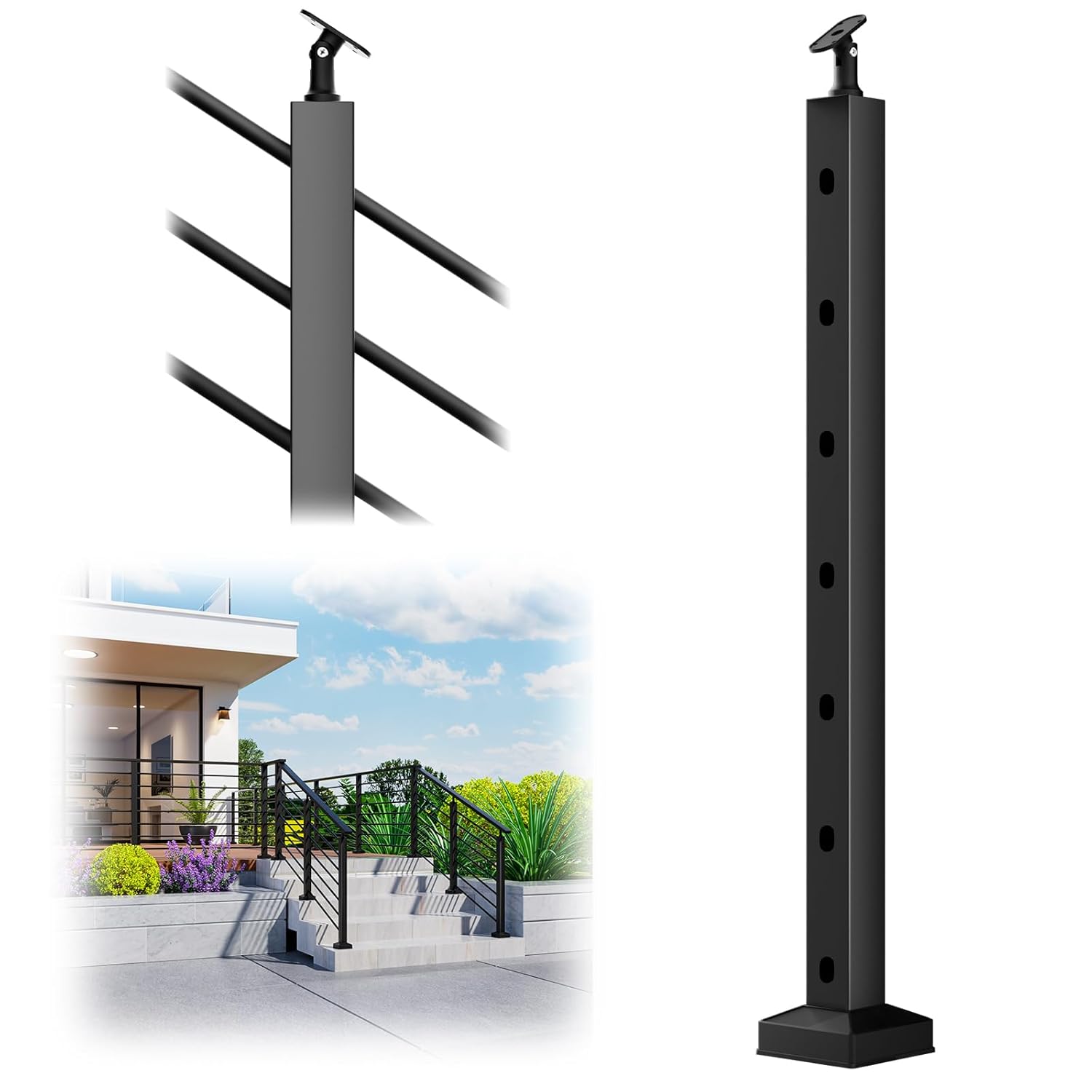 Egadis 1 Pack 35"x3"x3" Horizontal Aluminum Stair Railing Post, Stair Middle Post, Black Textured Powder-Coat Finish Horizontal Rail System for Outdoor Decks, Porches & Balconies