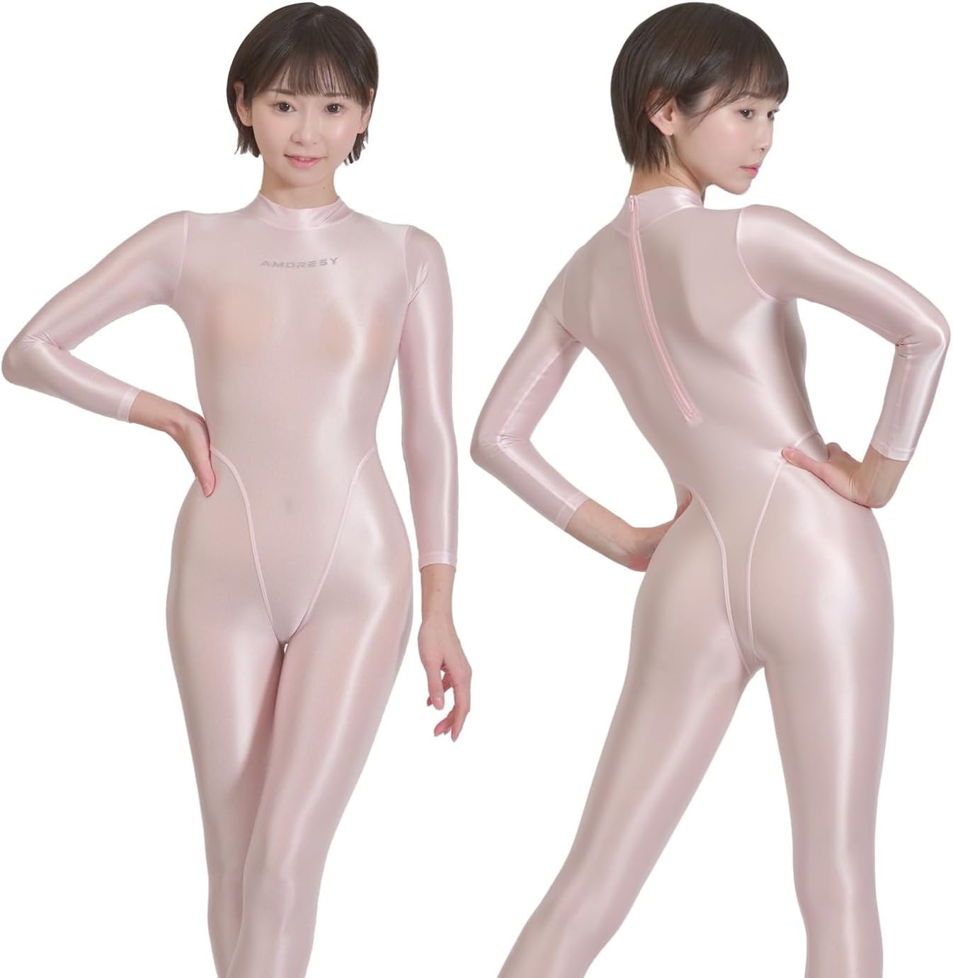 AMORESY Athena Superfine Sheer Catsuit Rear Zip Turtleneck Full Body Stretch Jumpsuit with Covered Feet