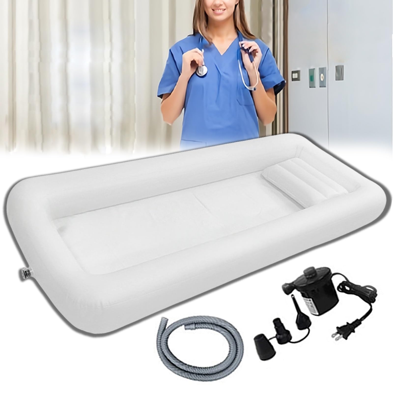 Wanna dmuchana z elektryczną pompą powietrza składana wanna z PVC przenośne łóżko prysznicowe dla osób starszych z problemami z mobilnością(White)