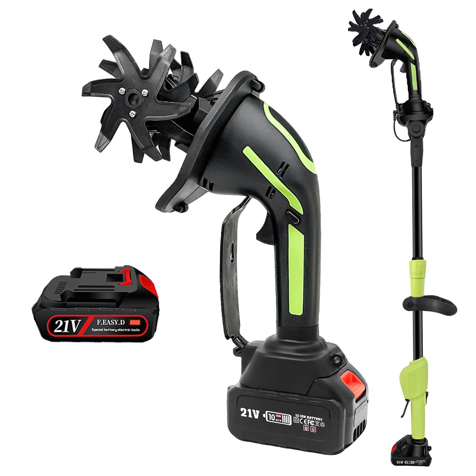 GSHSHOU 2-in-1 Cordless Tiller & Cultivator with Extension Pole, Cordless Tiller Cultivator with 13"-51" Extendable Pole, 2.6 Lbs Ultralight Body for Soil Tilling Weeding Batteryx1-Pole