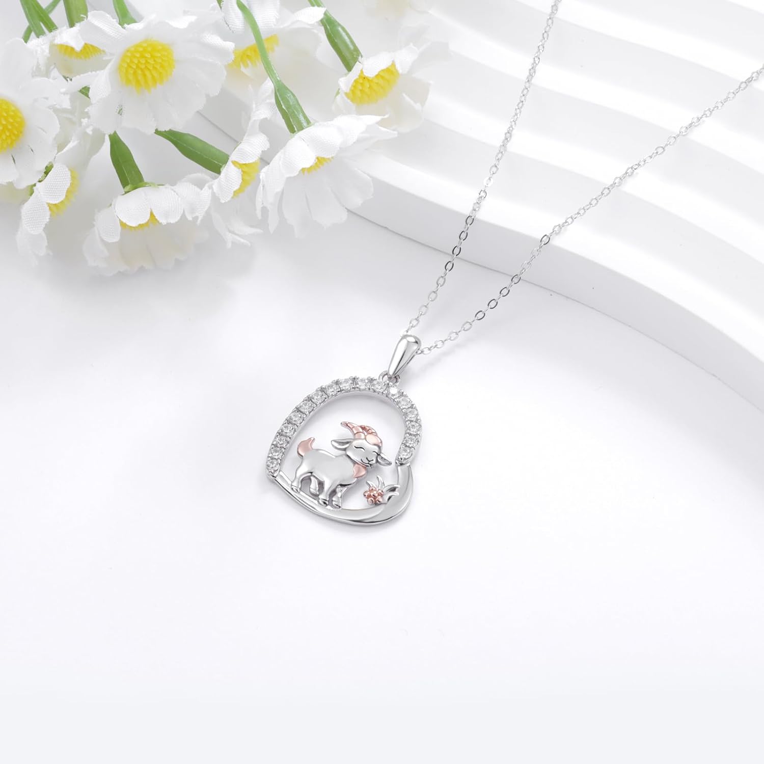 925 Sterling Silver Goat Necklace - Cubic Zirconia Cute Heart Animal Goat Pendent Goat Gifts for Women - Image 3