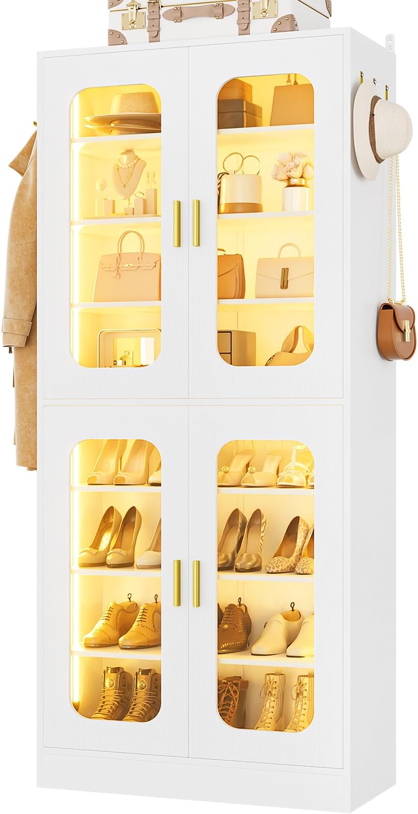 Cyclysio 67" Display Cabinet with PC Doors & LED Lighting - 8-Tier Storage Cabinet with 330lb Capacity & Adjustable Shelves for Entryway, Bedroom (White, Set of 1)