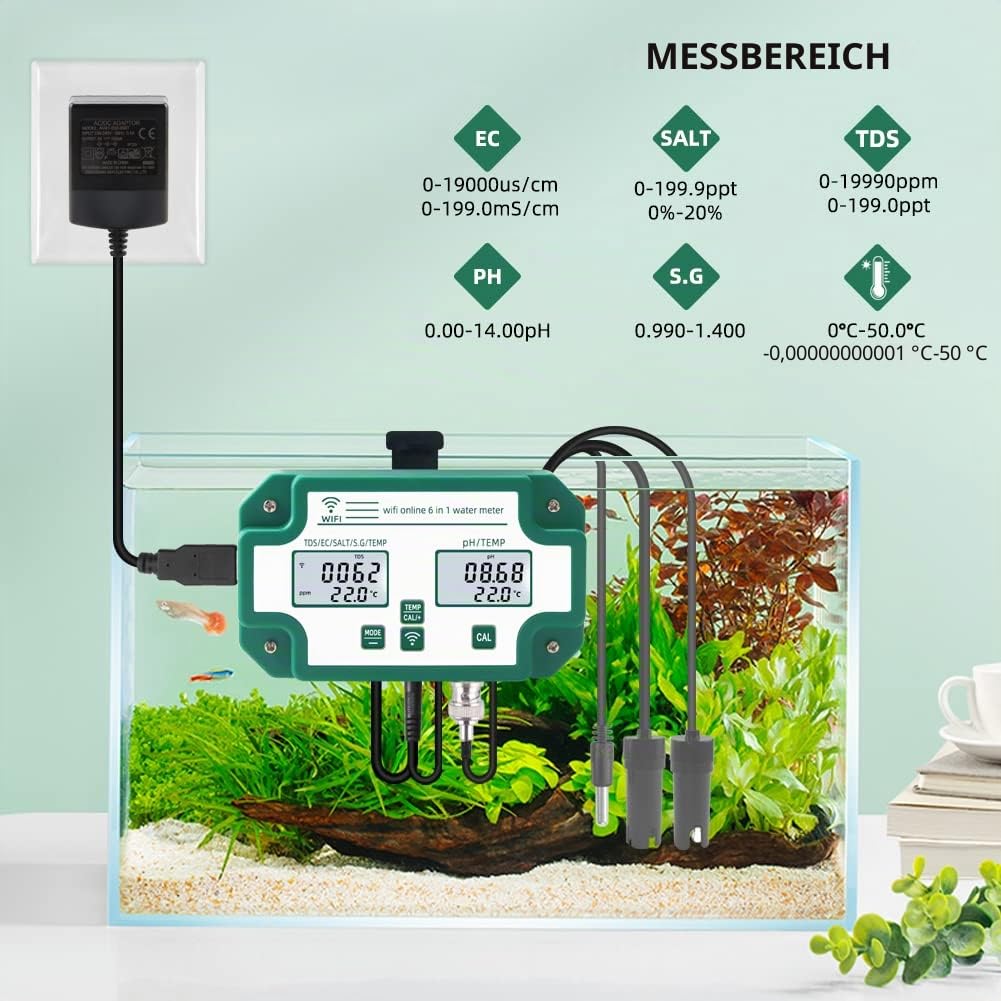 6-in-1-Wasserqualitätstester WiFi-Multiparameter-Wasserqualitätsmonitor Digitaler pH-Wert/Gesamtmenge an gelösten Feststoffen/EC/S.G/Salz/Temp-Messgerät für Aquakultur-Schwimmbecken