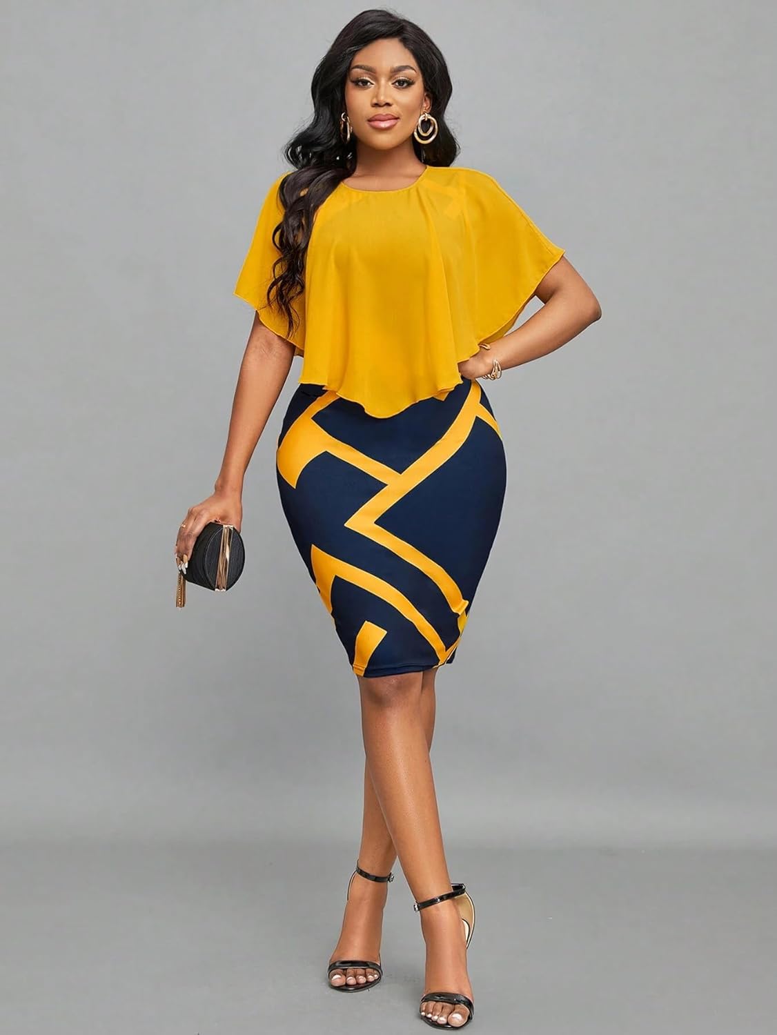 Yajedo Womens Retro Bodycon Midi Dresses Sexy Mesh Lace Cape Sleeve V Neck Print Work Church Pencil Dress - Image 3