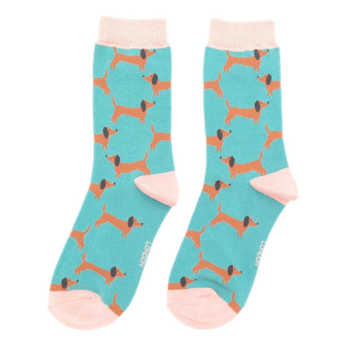 Miss Sparrow Women's Multicoloured Dachshund Sausage Dog Brown On Duck Egg Socks