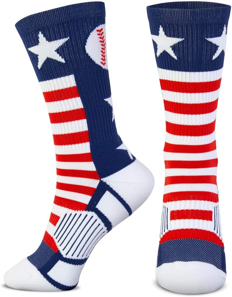 ChalkTalkSPORTS Baseball Socks - Cushioned Mid-Calf Crew - USA Patriotic | Moisture-Wicking Performance Blend, Athletic and Casual Wear, Stay-Up Technology, Arch Support, Breathable, Boys and Men