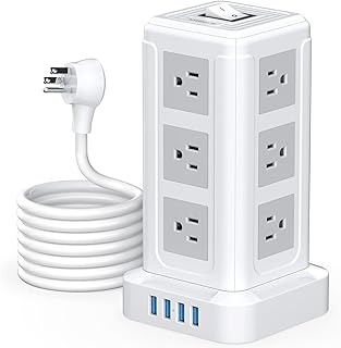 NVEESHOX Power Strip Tower Surge Protector with 12 Outlets 4 USB Ports, 10ft Long Extension Cord Charging Station with Multiple Outlets, Overload Protection Fire Proof for Home Office Dorm- Whitegray