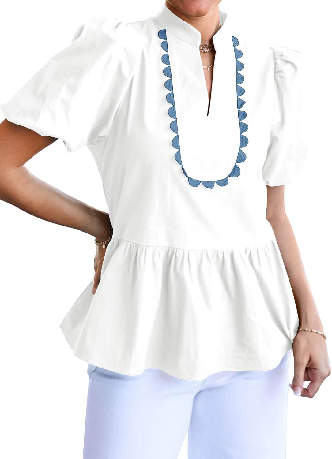 Cicy Bell Womens Puff Sleeve Peplum Blouses Ruffle V Neck Summer Casual Tops Babydoll Loose Fit Shirts