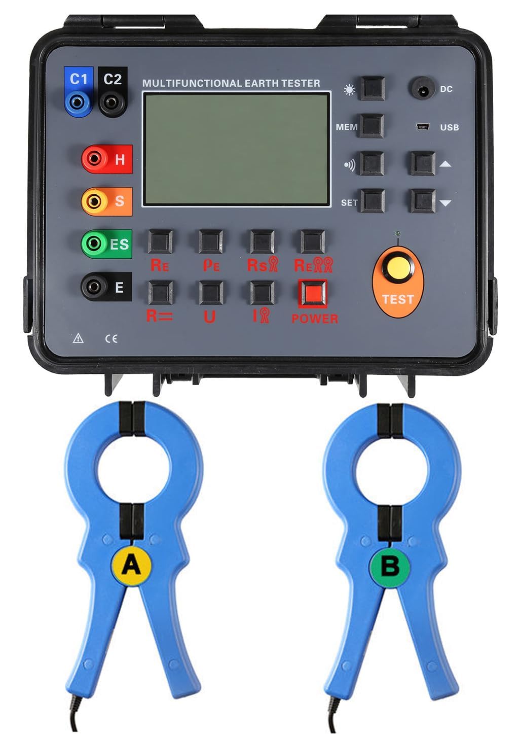 Digital Double Clamp Ground Resistance Tester Earth Soil Resistivity Tester DC Resistance Meter AC Current Meter with Soil Resistivity 9999kΩm Resistance 30.00kΩ Voltage 100.0V AC Current 1000A