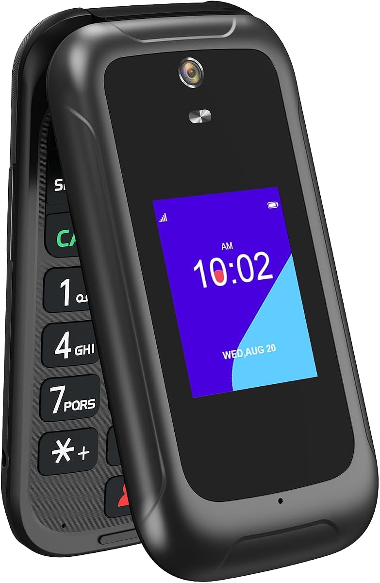 4G Flip Phone Unlocked, Basic Smart Cell Phone for Seniors Backup, Dual Screen KaiOS Phone Large Button Loud Volume Durable Battery Speed Dial Camera Bluetooth, T-Mobile AT&T Compatible (Black)