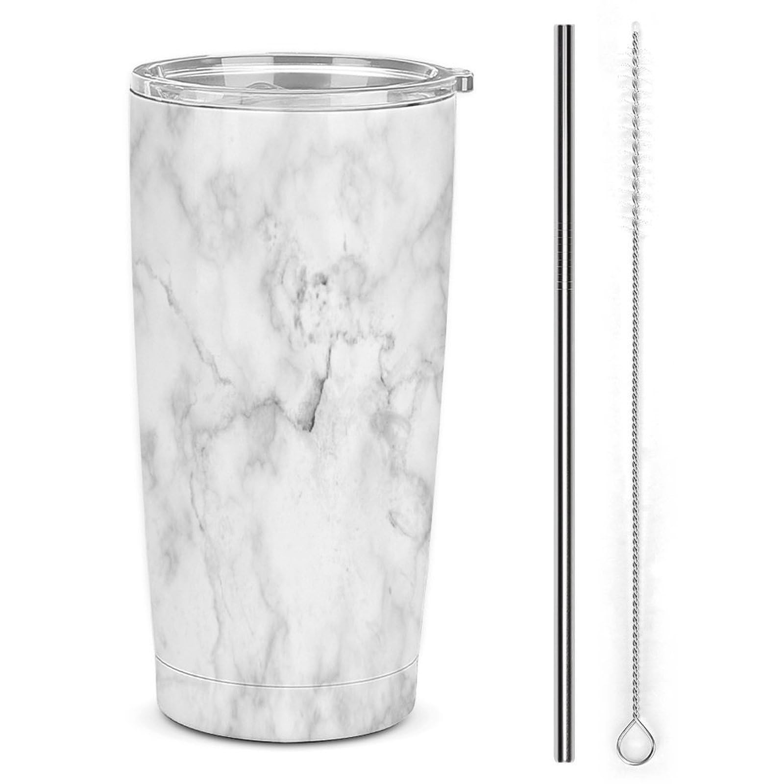 Amazon | タンブラー 590ml 大理石 石柄 黒白 蓋付き ストロー付き  